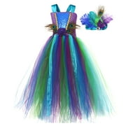 Girls Dresses Baby Kids Easter Summer Trendy Ball Gown Draped Pleat Sequined Lace Peacock Theme Tiered Feathers Gradient Ankle Length Spaghetti Sleeveless Spring Dress
